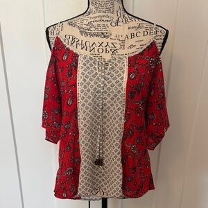 Jolt Red Floral Cold-Shoulder Tunic with Cream Center Panel